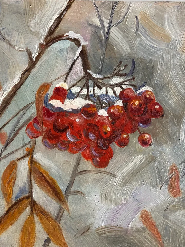 Red mountain ash original oil painting handmade wall art on cardboard 6x6 inches modern art