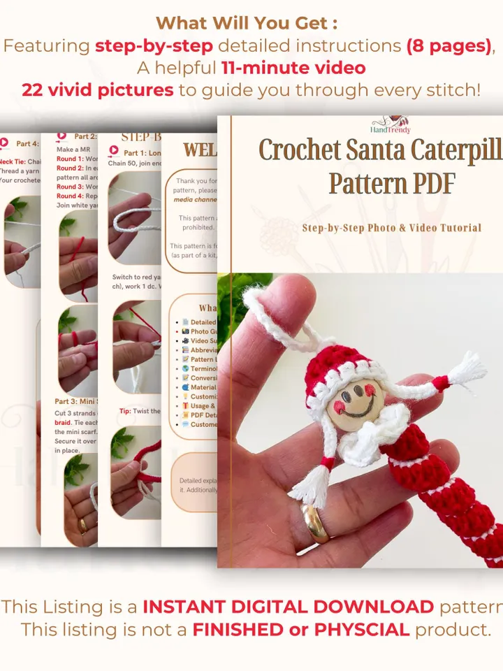 Crochet Santa Caterpillar, Digital Holiday Crochet Pattern for Decor, Adorable Christmas DIY Ornament Gift for Beginners
