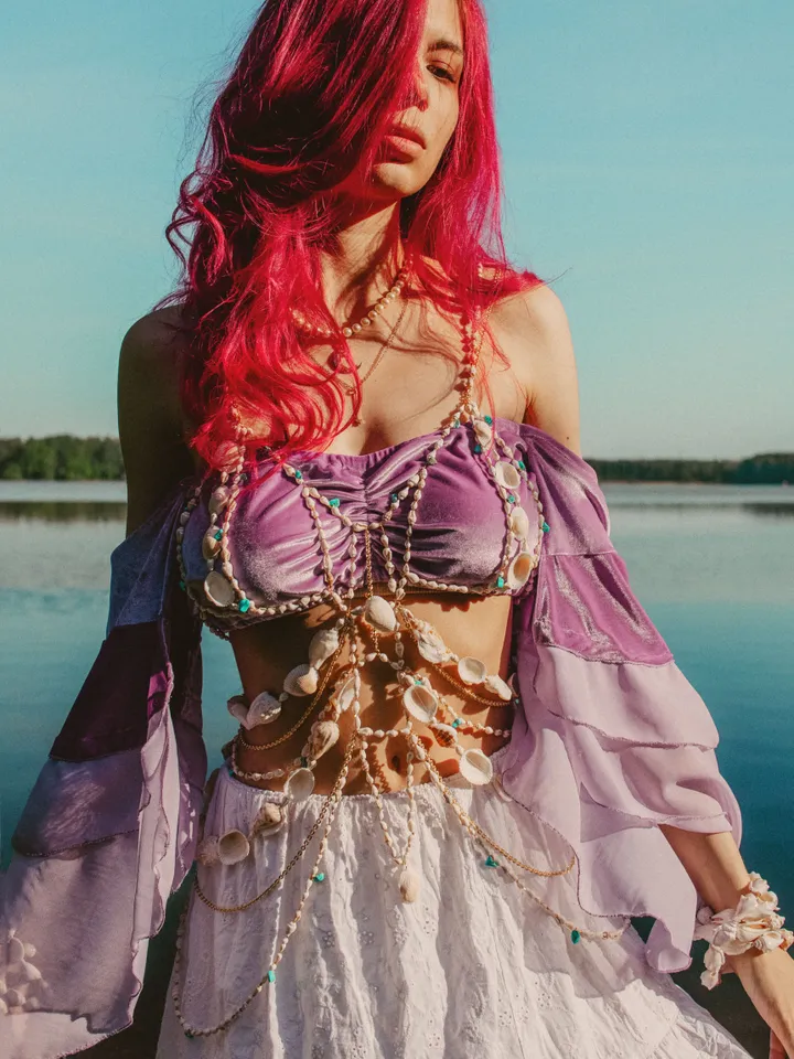 Custom order for Tara. Shell harness with turquise beads and chains