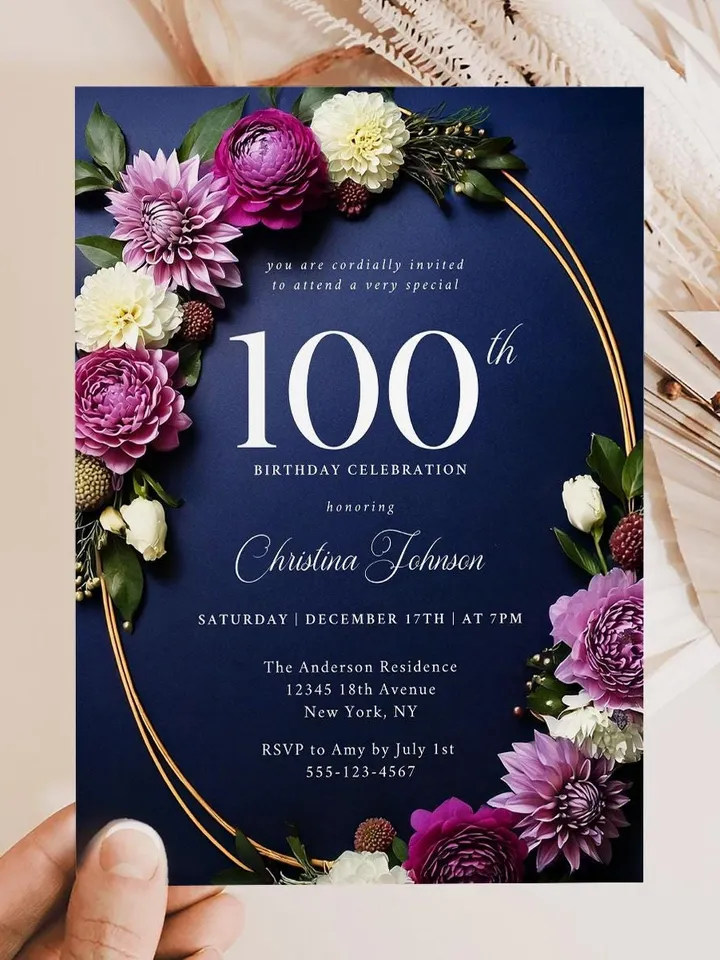 100th Birthday Party Invitation Canva Template for Mother Grandma, Moody Purple Flowers Navy & Gold, 100 Years Loved, Digital Invite