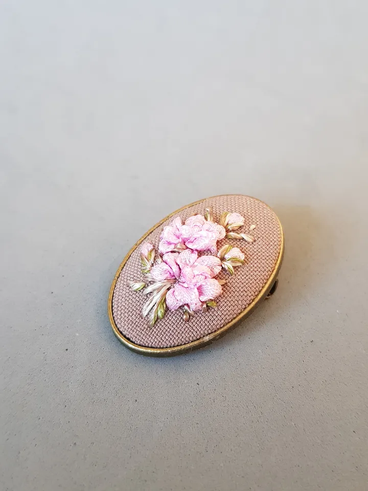 Ribbon embroidered brooch for her, handmade embroidery jewelry