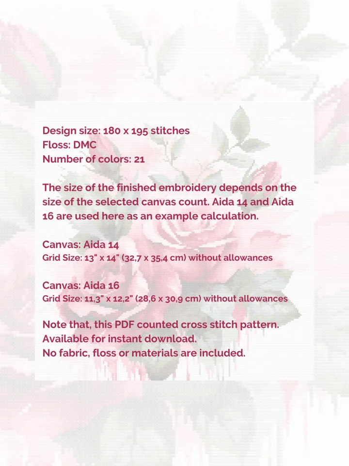 Cross stitch pattern Watercolor Roses, PDF cross stitch chart flowers