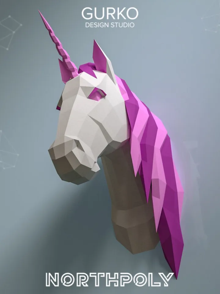 Unicorn Head Papercraft, Digital Template, PDF Download, Gurko, Trophy, 3D Low Poly, Pepakura, DIY Origami, Paper Decor, DIY Gift