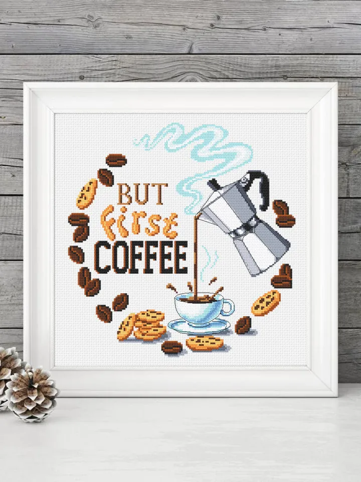 But first coffee cross stitch pattern download PDF, Coffee sampler embroidery PDF, Coffee quote cross stitch chart, Funny home decor #Q53