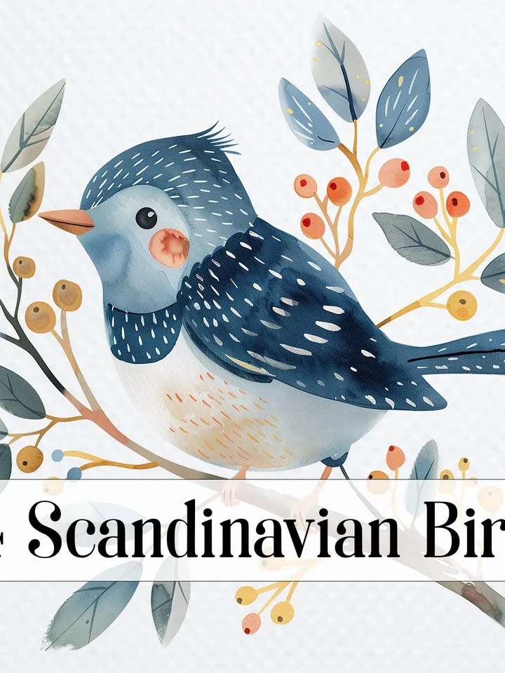 24 Scandinavian Birds PNG Bundle, Watercolor Floral Birds for sublimation, Printable vintage birds clipart, Paper craft, junk journals