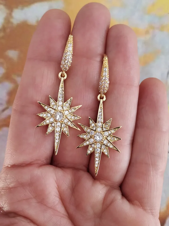 Gold Crystal Star Bridal Earrings | Gold Statement Earrings | Drop Wedding Earrings | Wedding Jewelry | Celestial Jewelry | Bridesmiad Gift