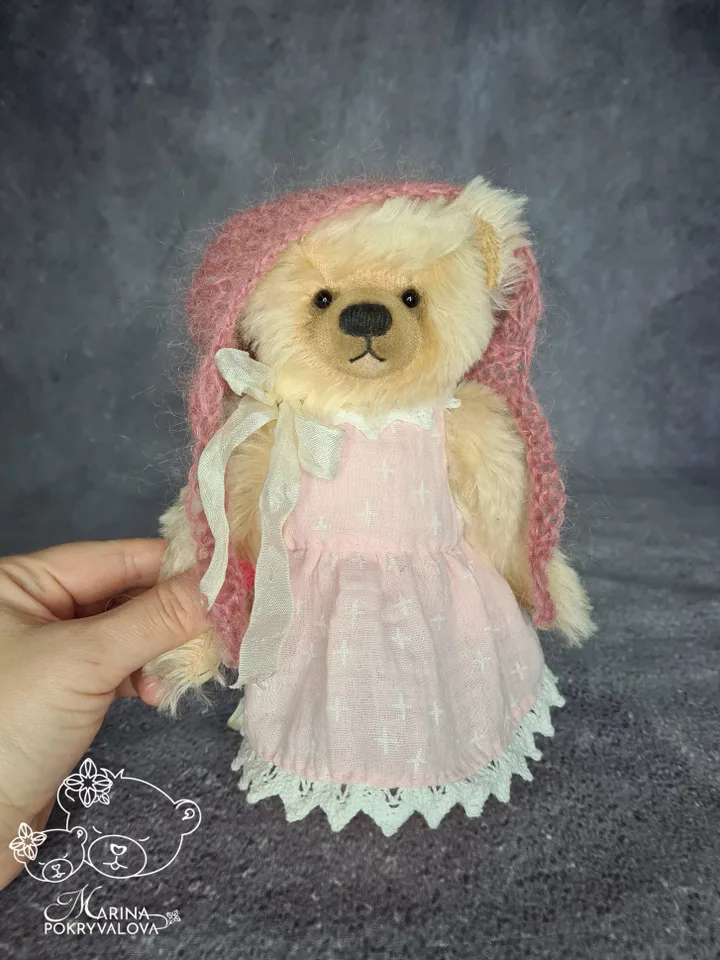 Mohair teddy bear in dress. Jointed bear toy. Handmade teddy bear. Artist bear.