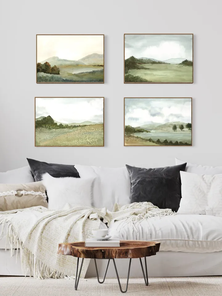 Landscape Painting Set Of 4 Watercolor Art Prints, Neutral Mountain, Wall Art Set, Home Office Poster, Over Bed Wall Decor,Vintage Print Set