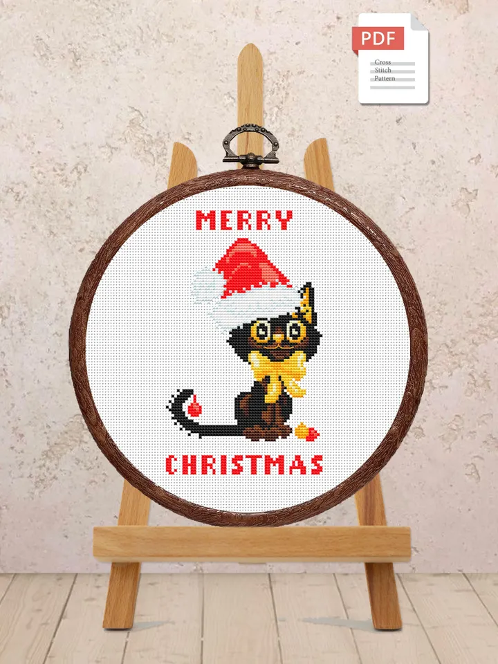 Christmas Cat Cross Stitch Pattern, Christmas Cross Stitch Pattern, Cat Cross Stitch Pattern, Merry Christmas Cross Stitch Pattern #hld009