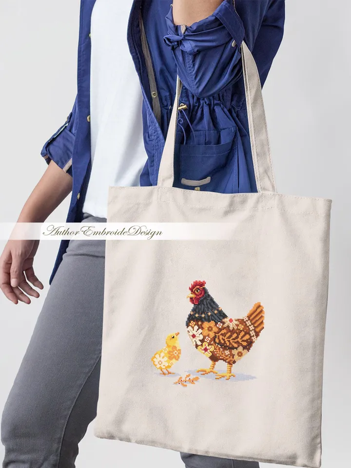 Floral chicken cross stitch pattern PDF download Chicken mom cross stitch chart, Flower pattern digital PDF, Farmhouse bird, Mother Hen #K64