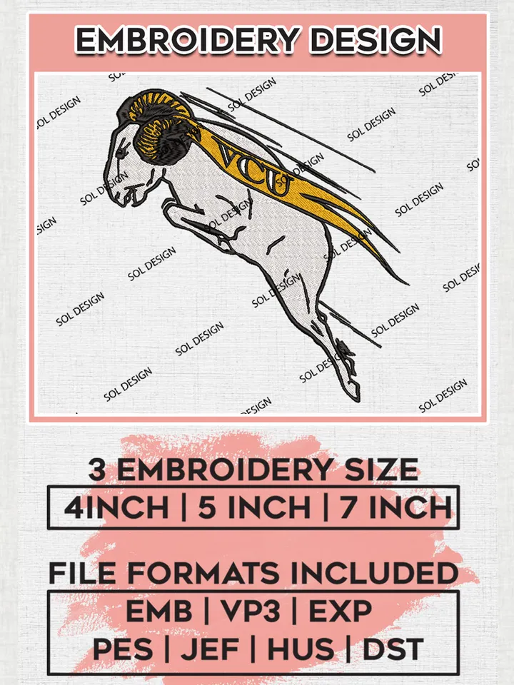 VCU Rams Team Mascot Logo Embroidery Design Files, NCAA VCU Rams Machine Embroidery, NCAA Teams, 3 sizes, NCAA Machine embroidery designs, Digital Download
