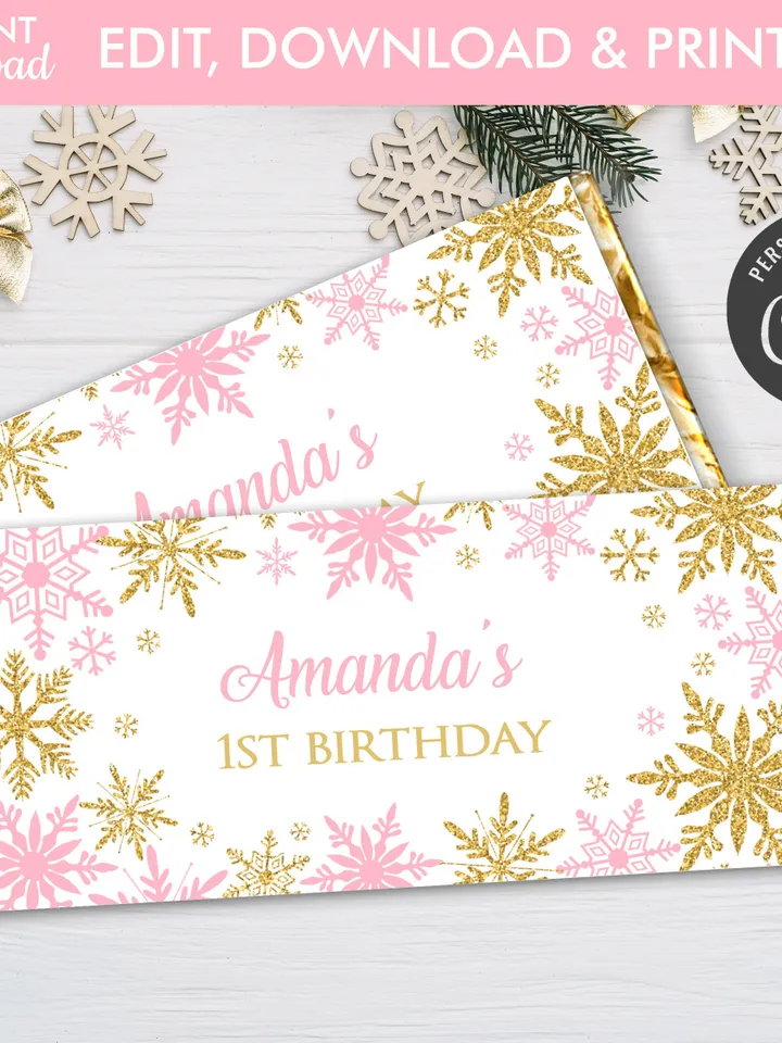 Winter Onederland Candy Bar Wrapper Chocolate Bar Wrappers, Winter Onederland Birthday Girl Decorations, Snowflakes 1st Birthday Template