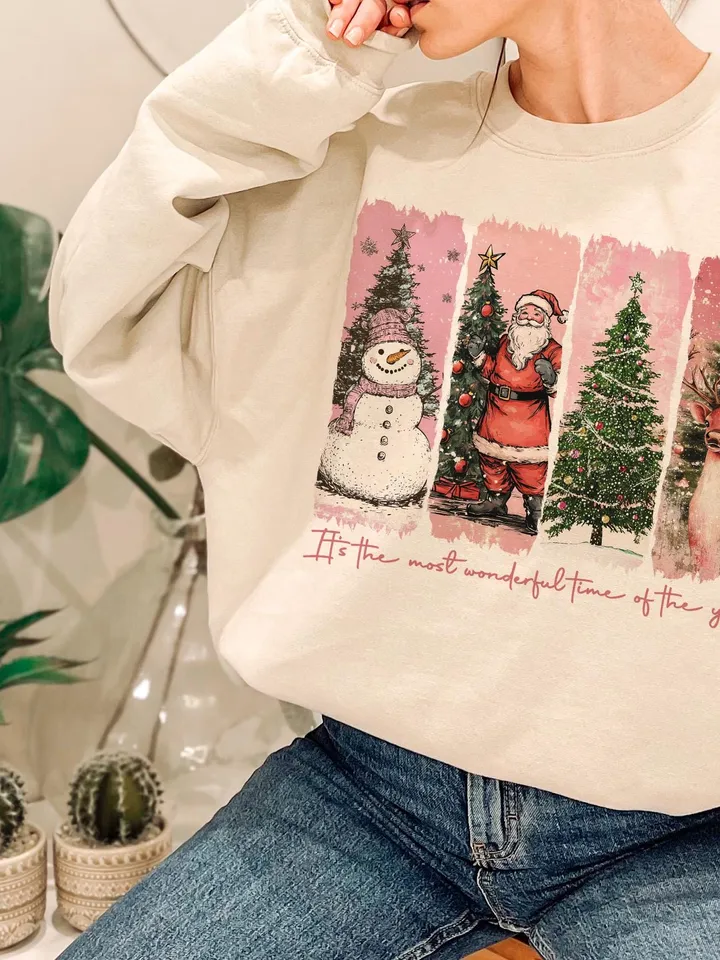 Pink It's the most wonderful time of the year png, Santa Claus png, Vintage Christmas png, Christmas Coquette bow png, Reindeer snowman png