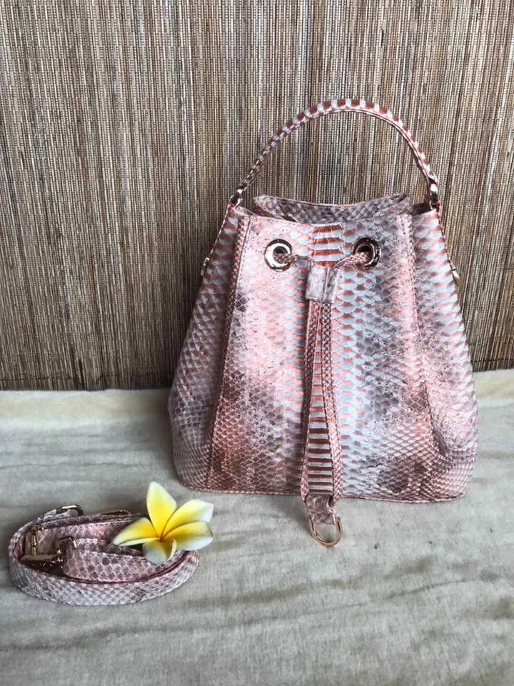 Genuine python skin peachy gold bucket crosshandle bag designer women purse | classy elegant crossbody PAULA bag | exotic leather bags |