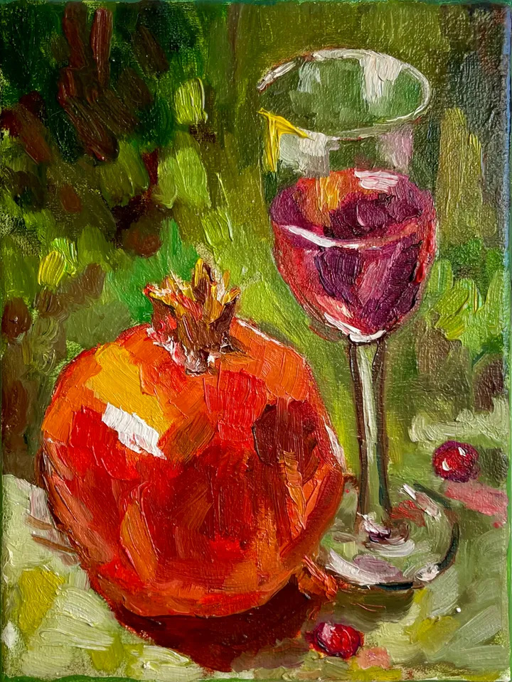 Pomegranate fruit painting Original, Wine Glass Still Life Painting, Small modern art 8" x 6"