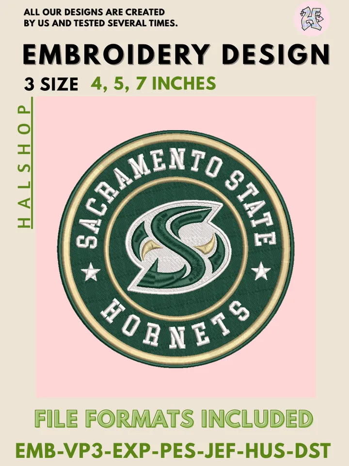 NCAA Sacramento State Hornets Round Logo Embroidery, NCAA Sacramento State Hornets Logo Embroidery Files, NCAA Teams, Machine Embroidery Designs, Digital Download