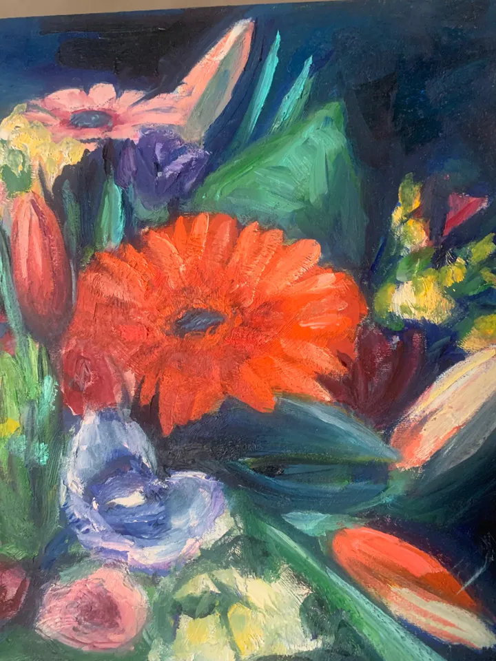 bouquet with gerberas on blue oil original painting on canvas