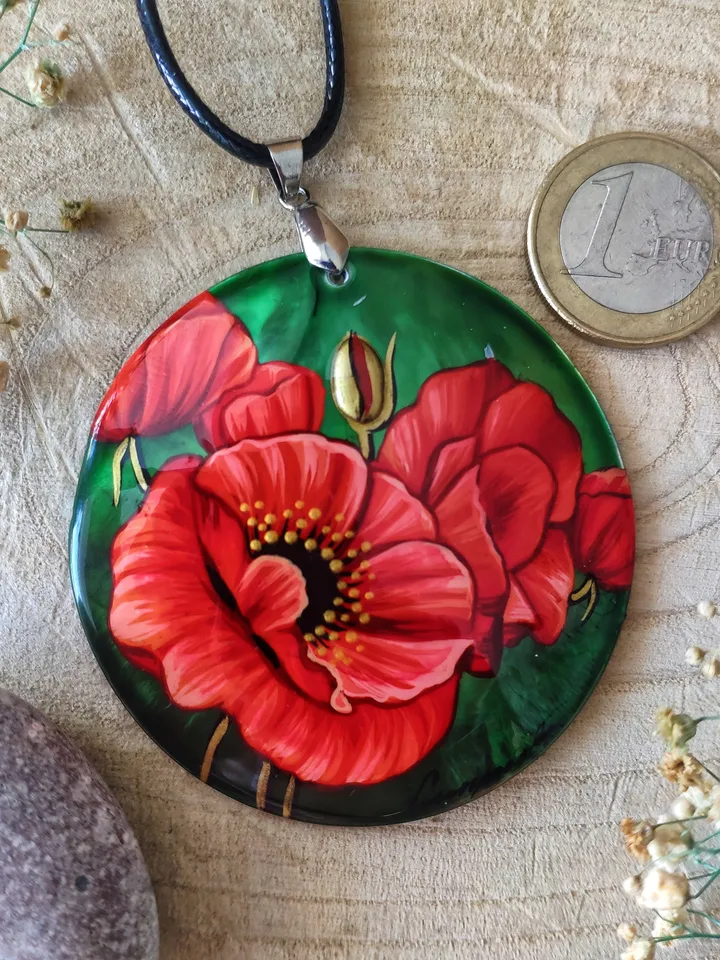 Floral Symphony: Captivating Red Poppy on Iridescent Green Nacre Pendant, a Stunning Blend of Nature and Artistry, Icon of Love and Passion