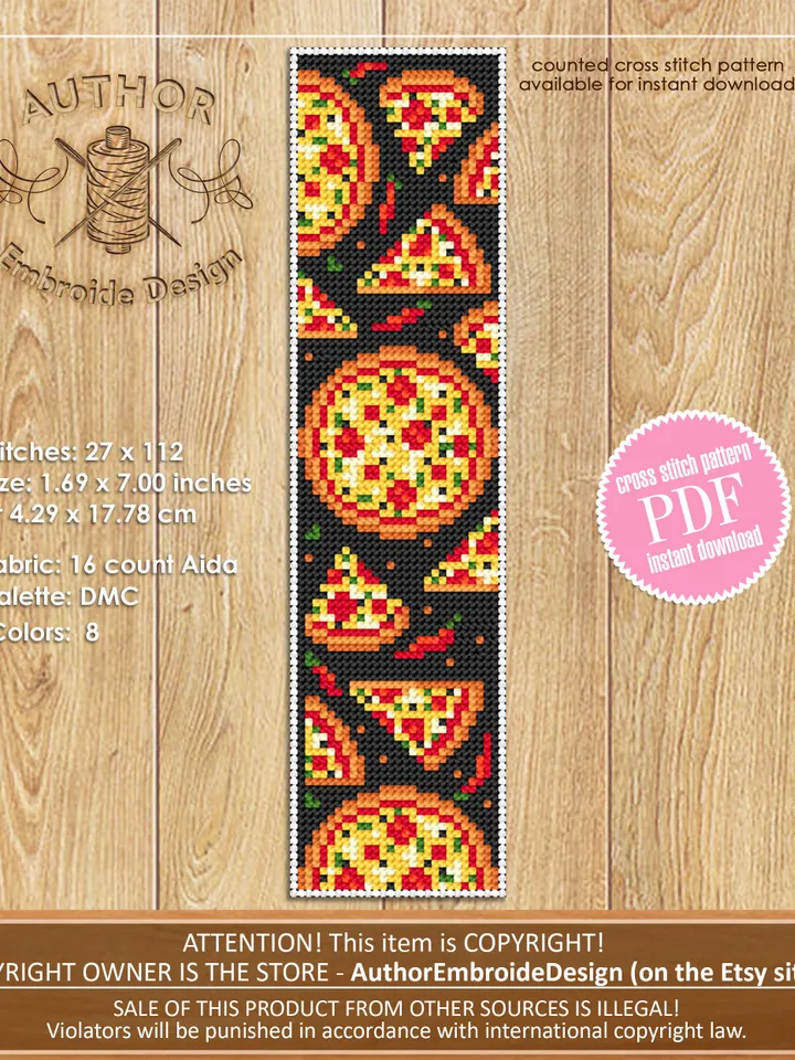 Pizza bookmark cross stitch pattern PDF download Simple handmade bookmark digital PDF, Fast food cross stitch chart, Pizza lover gift #B127