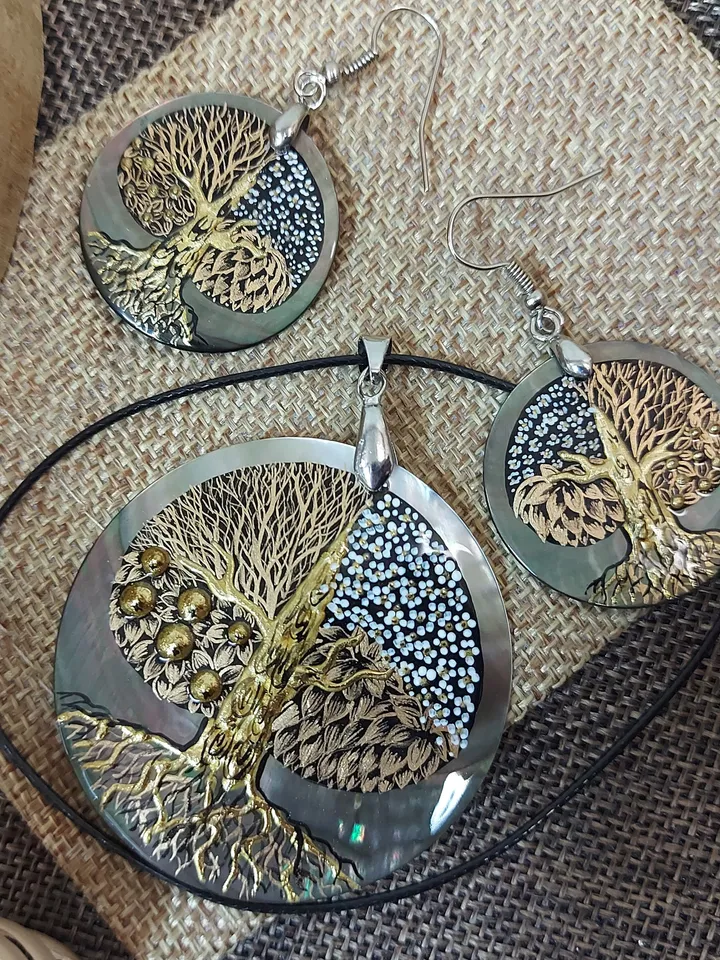 Seasons of Life: Artistic Tree of Life Pendant and Earrings Set - Hand-Painted by Skilled Artisans inspired by Gustav Klimt's Masterpieces