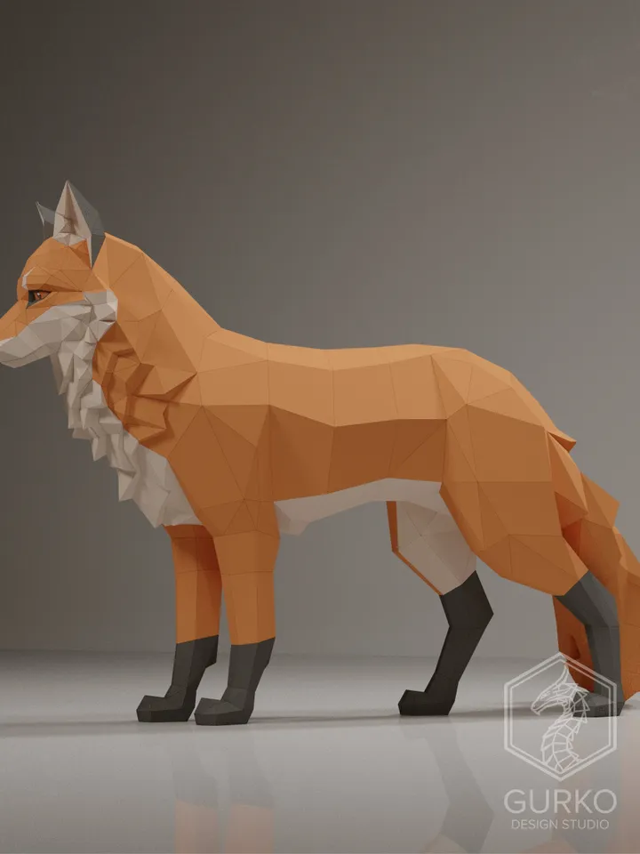 Standing Fox Papercraft, Digital Template, PDF Download, Gurko, 3D Low Poly, Pepakura, Origami Sculpture, Paper Party Decoration, DIY Gift