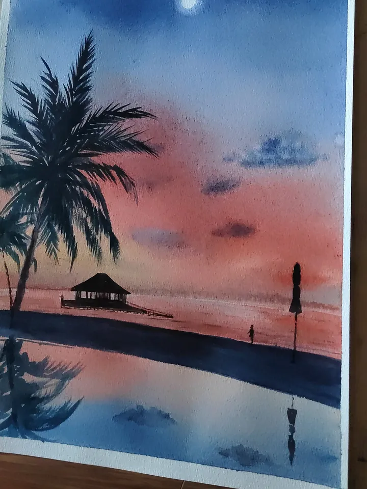Original Watercolor Painting Sea Sunset Artwork Tropical Coast Art Bright Colors of Sea Sunset 27x39 cm by SoftWaves