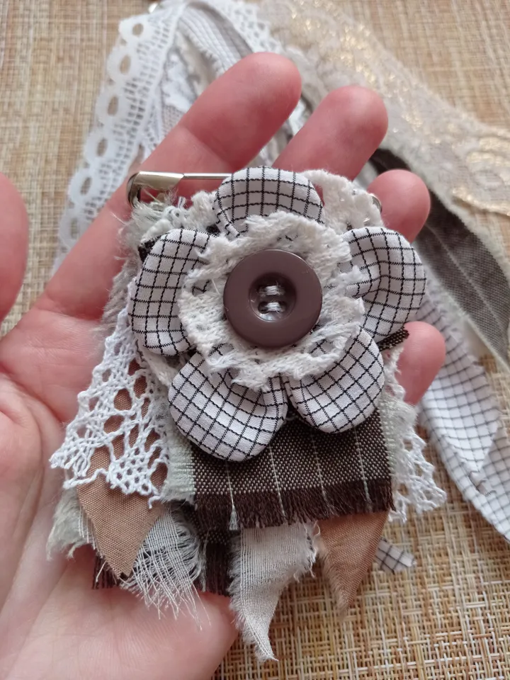 Brooch and keychain made of ribbons and boho fabric set