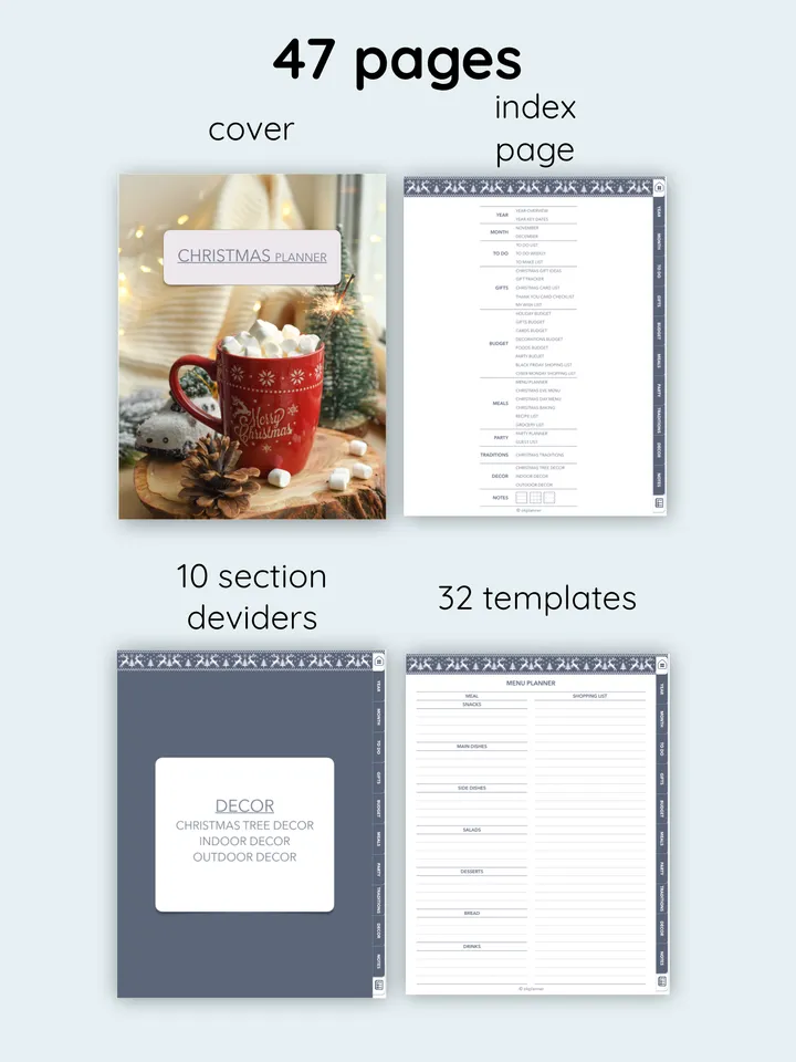 Christmas holiday planner. Event meal journal. Christmas gifts log. Holiday budget planning. Advent calendar for kids