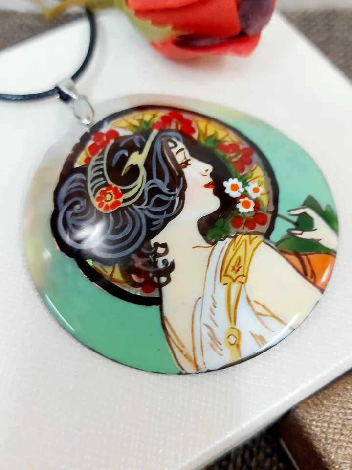 Pearl pendant Necklace: Primrose by Alphonse Mucha painted on mother-of-pearl pendant. Outstanding necklace for Aesthetic girl. Gift for her