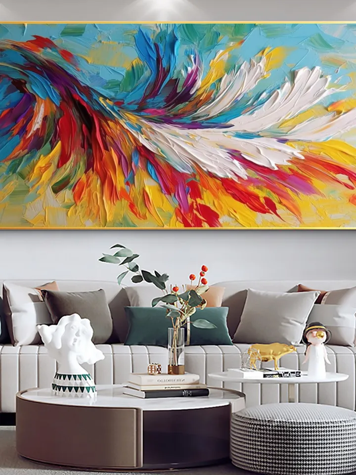 Large Oil Painting On Canvas, Original Colorful Feathers Painting, Abstract Painting, Custom Painting, Office Living room Bedroom Wall Art