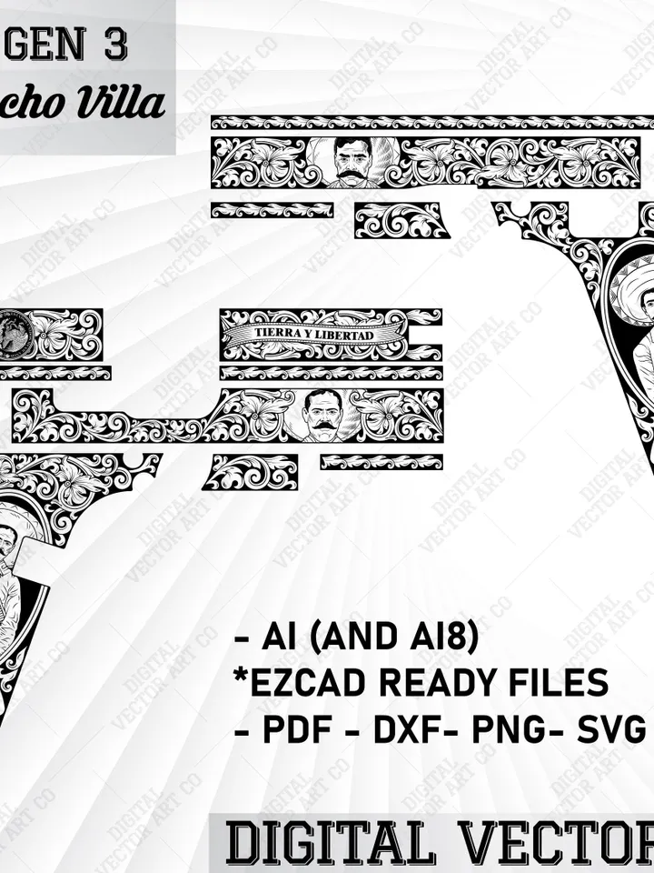 Pancho Villa Customs Glock Engraving | Zapata Glock 19 Gen 3 Vector Design | Laser Engraving | Gun Engraving | Glock Grips Art