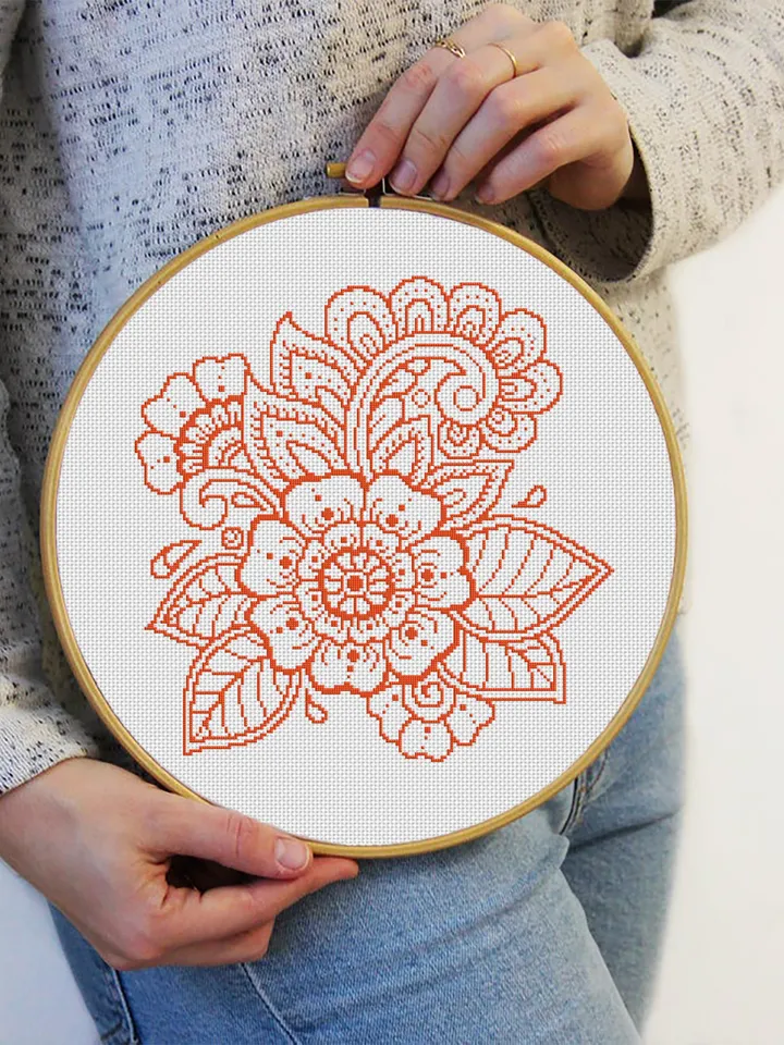 Flower mandala cross stitch pattern download PDf, Monochrome floral ornament cross stitch chart, Flowers embroidery PDF, DIY Home decor #M57
