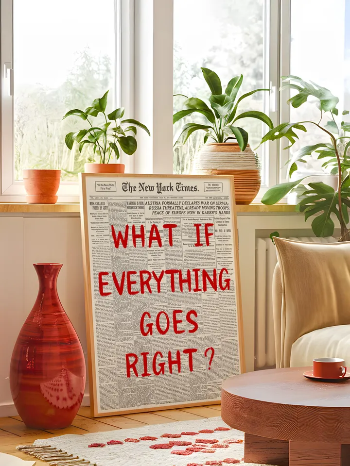 What If everything goes right Retro Newspaper Print, Trendy Wall Art, Typography Poster, Red Aesthetic, Printable Wall Art, Digital Print