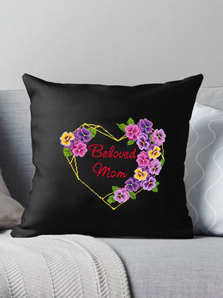 Floral heart frame cross stitch pattern PDF download Beloved Mom cross stitch chart, Violets flowers cross stitch, DIY gift for mother #Q28