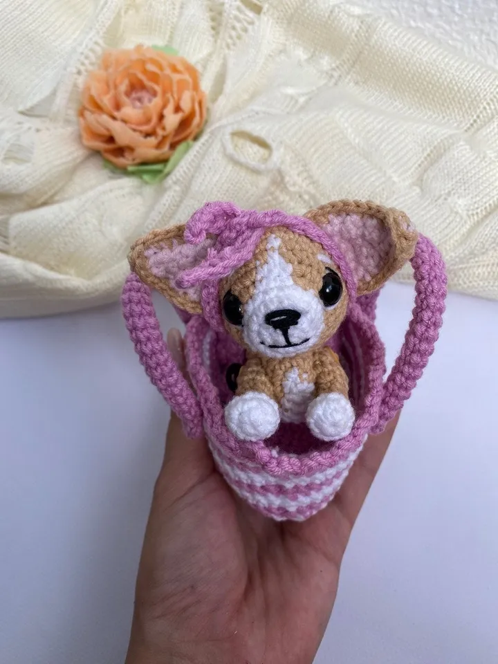 PDf Chihuahua Dog in a Bag Crochet pattern, Crochet Animal Pattern, Crochet Puppy, Amigurumi baby toy, Crochet Cute Dog Amigurumi
