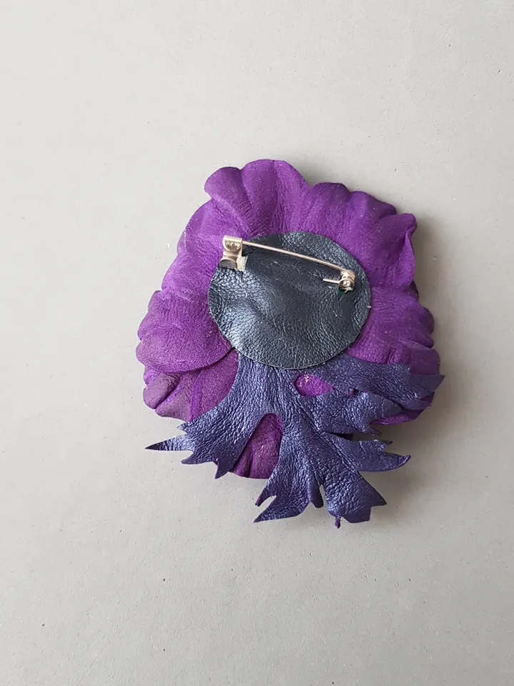 Dark blue leather brooch for her, Leather women's jewelry