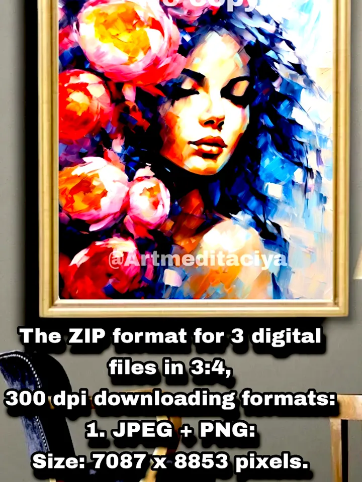 Digital abstract texture painting "Girl in pink peonies". This is a vivid image of a mysterious brunette with flowing hair on an abstract background in the style of oil painting with a palette knife