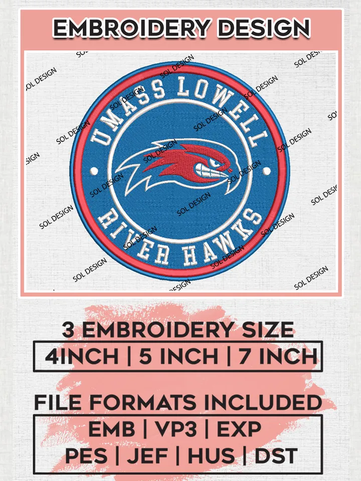 NCAA UMass Lowell River Hawks Round Logo Embroidery, NCAA UMass Lowell Team Logo Embroidery files, NCAA Teams, Machine embroidery designs, Digital Download
