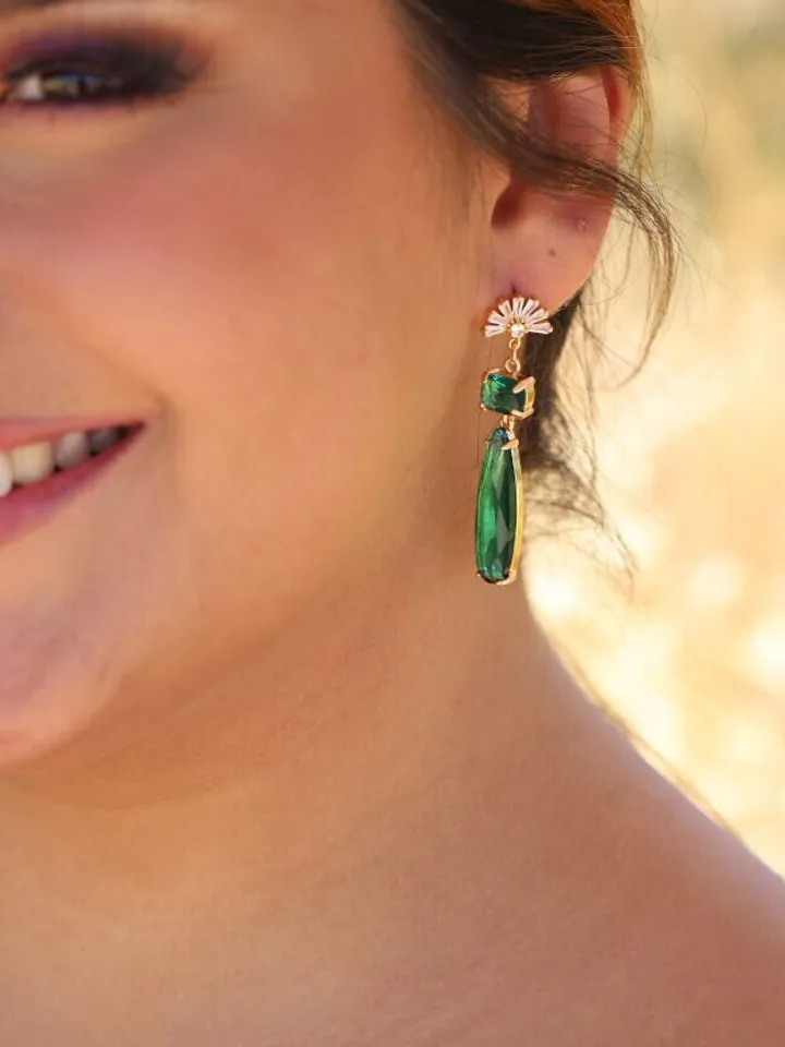 Fan Art Deco Bridal Earrings For Brides, Emerald Green Vintage Gold 24K Wedding Earrings, Boho Bridal Earrings, Statement Wedding Jewelry