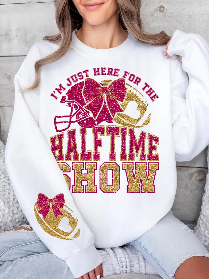 Just Here For Halftime Show Sparkly Faux Sequins Superbowl Png, Game Day Shirt Design, Trendy Superbowl Png, Sleeve Sublimation