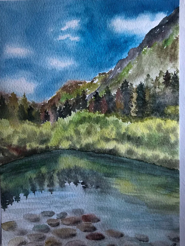 Lake in the mountains original watercolour painting hand painted modern painting wall art original artwork 8x11 inch