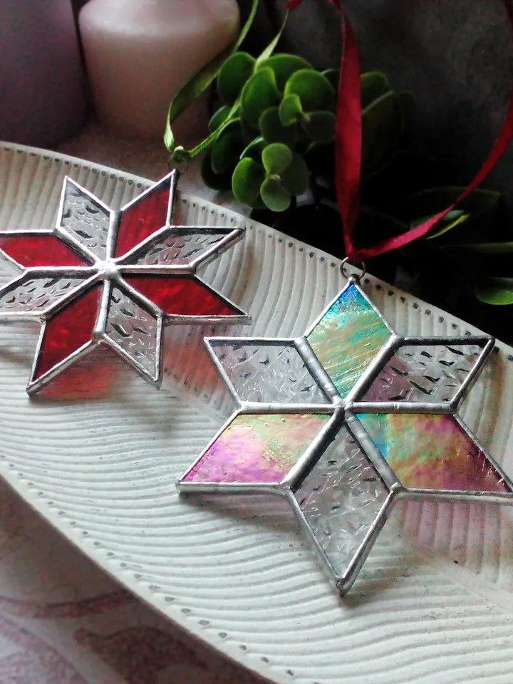 Set of 2 snowflake suncatchers, christmas ornaments, simple stained glass, Christmas decorations, Xmas tree star