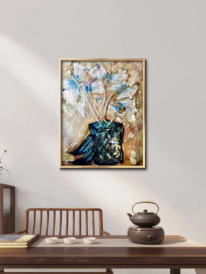 Fantasy butterflies in a vase Poster made from my original stained glass painting,unique design,home decor gift.