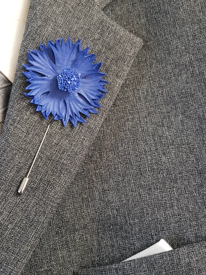 Blue cornflower men's lapel pin Leather boutonniere for him 3rd anniversary gift