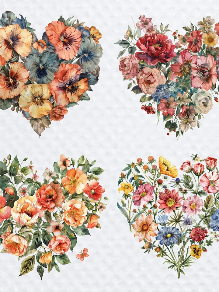 16 Vintage Floral Heart PNG Clipart, Watercolor clipart, Floral Heart sublimation, Printable clipart, Digital download, Paper craft