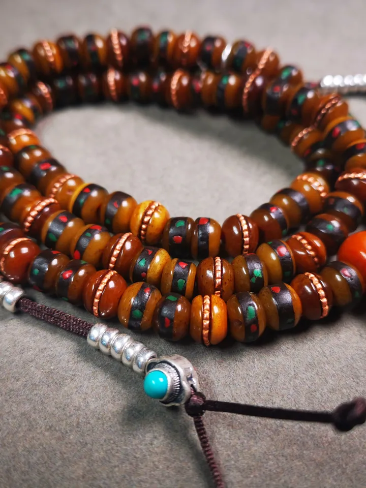 Gandhanra Handmade Antique Yak Bone Beads Mala,108 Prayer Beads Necklace with Bead Counters,for Meditation and Prayer