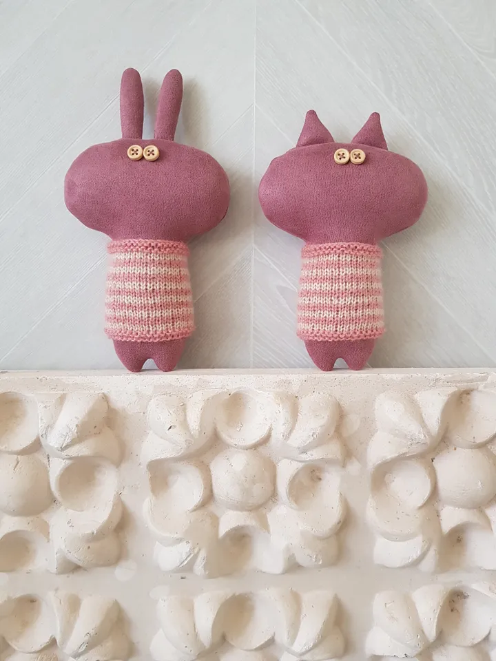Stuffed animals patterns PDF Cat and Rabbit in sweaters, set of 2 tutorials in English for sewing and knitting