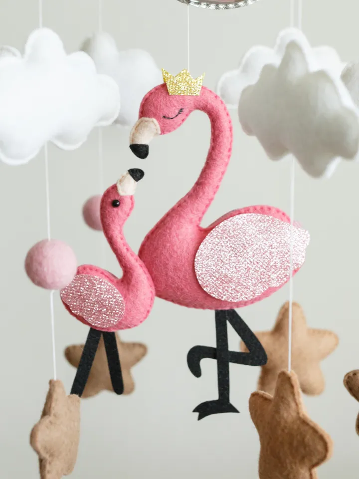 Handcrafted Flamingo, Stars, Clouds and Safari Themed Felt Baby Mobile - Customizable Nursery Decor