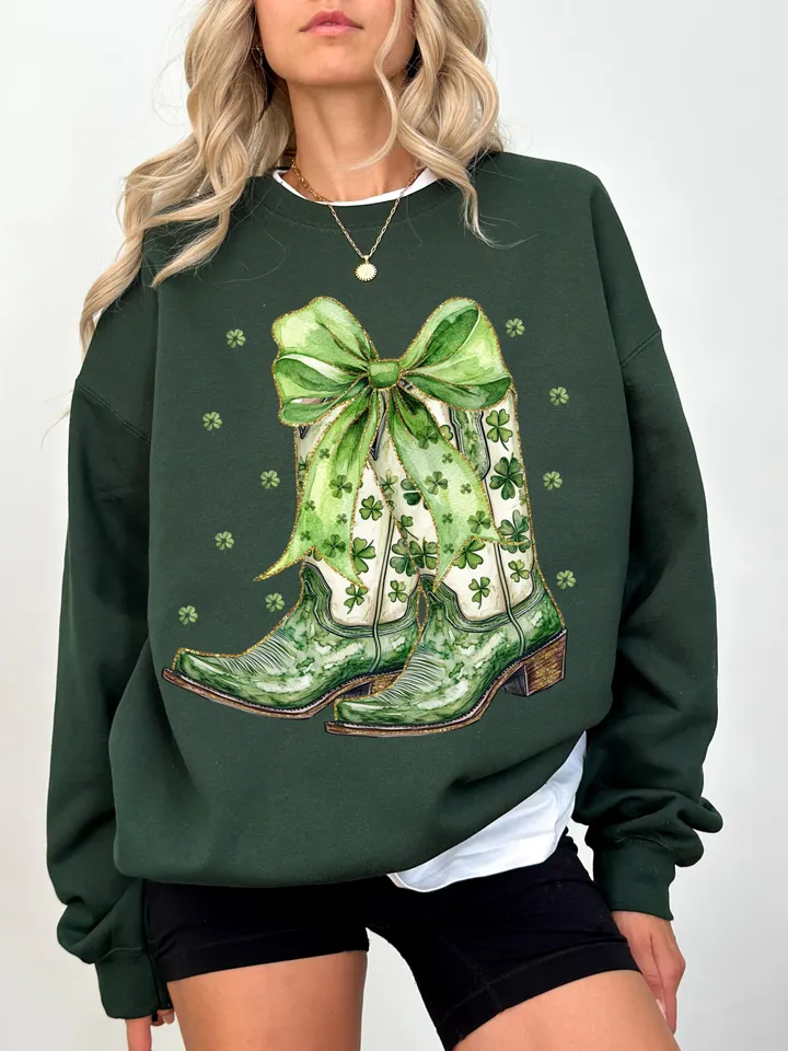 St. Patricks Day PNG Western Coastal Cowgirl PNG Clipart, Green Coquette Bow Cowboy Boots png Gold Glitter Shamrock Four Leaf Clover Design