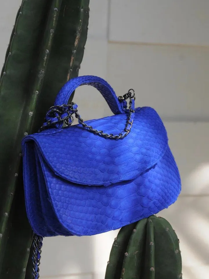 Genuine Python Skin Top Handle Bright Blue Crossbody Bag | Exotic Leather Bags | Snakeprint Bag | Handmade Designer Bag | Gift For Her